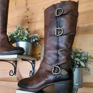 Nurture Brown Burnished Leather Tall Heeled Riding Boots Buckles Zip